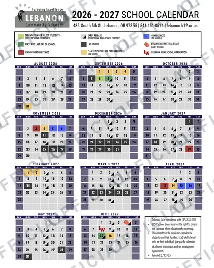 Lebanon Community Schools 2026-27 calendar