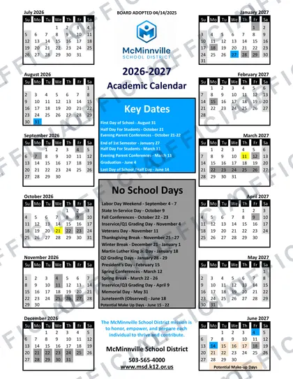 McMinnville School District 2026-27 calendar