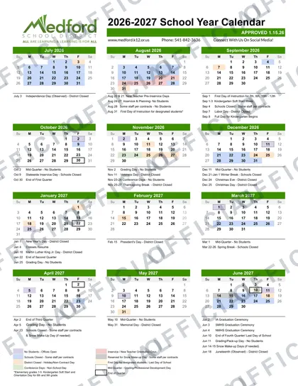 Medford School District 2026-27 calendar