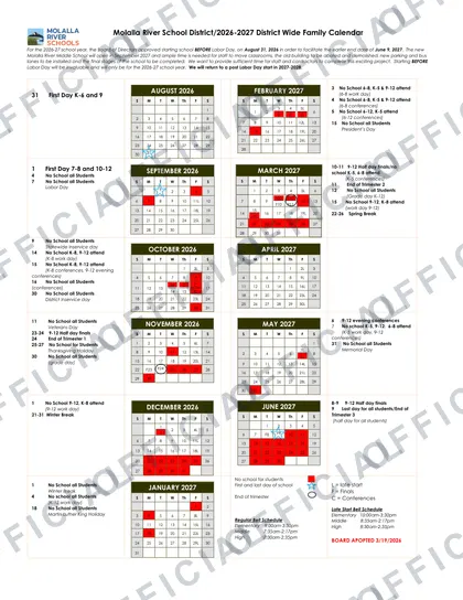 Molalla River School District 2026-27 calendar