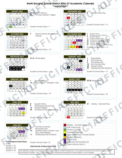 North Douglas School District 2026-27 calendar