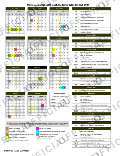 North Marion School District 2026-27 calendar