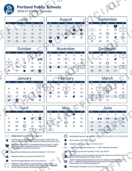 Portland Public Schools 2026-27 calendar
