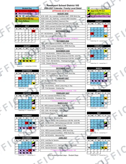 Reedsport School District 105 2026-27 calendar