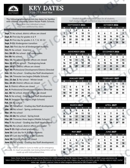 Salem-Keizer Public Schools 2026-27 calendar