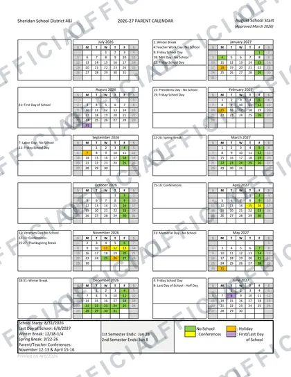Sheridan School District 48J 2026-27 calendar
