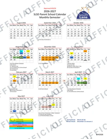 South Lane School District 2026-27 calendar