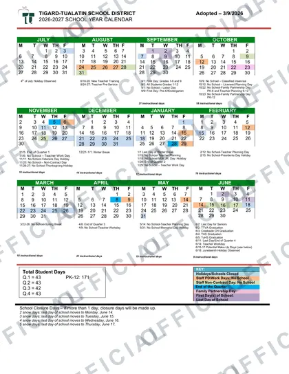 Tigard-Tualatin School District 2026-27 calendar