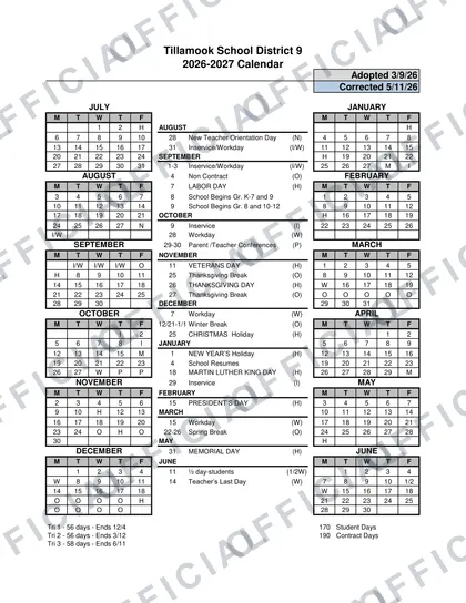 Tillamook School District 9 2026-27 calendar