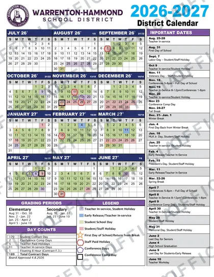Warrenton-Hammond School District 2026-27 calendar