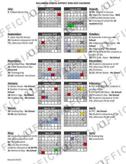 Willamina School District 2026-27 calendar