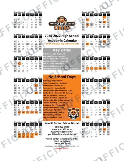 Yamhill Carlton School District 2026-27 calendar