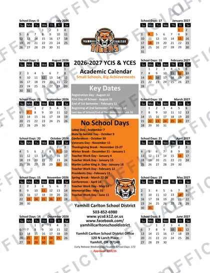 Yamhill Carlton School District 2026-27 calendar