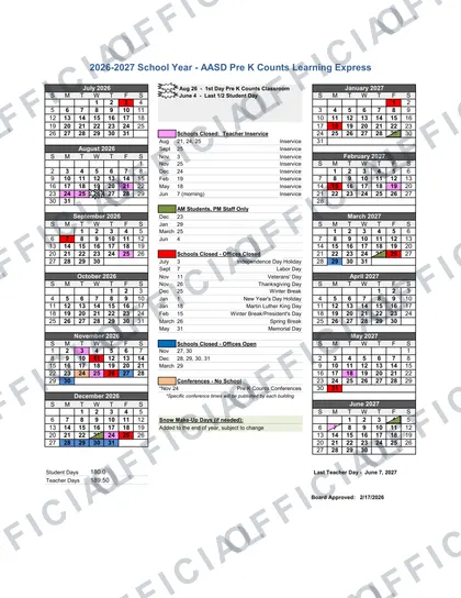 AASD Pre K Counts Learning Express 2026-27 calendar
