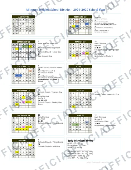 Abington Heights School District 2026-27 calendar