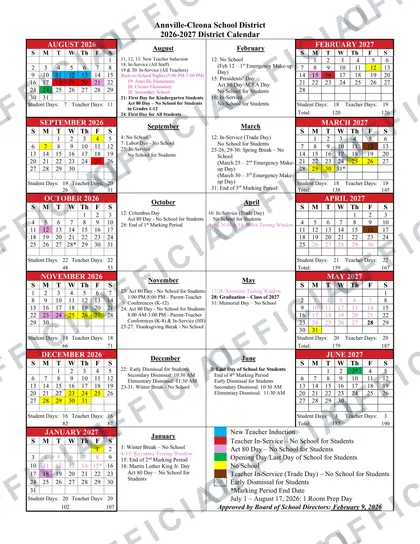 Annville-Cleona School District 2026-27 calendar