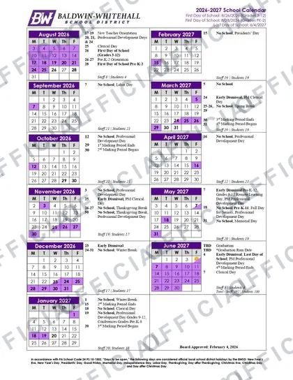 Baldwin-Whitehall School District 2026-27 calendar