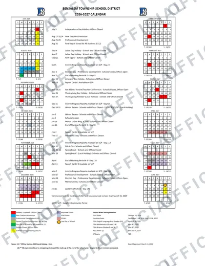 BENSALEM TOWNSHIP SCHOOL DISTRICT 2026-27 calendar