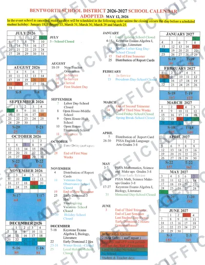 BENTWORTH SCHOOL DISTRICT 2026-27 calendar