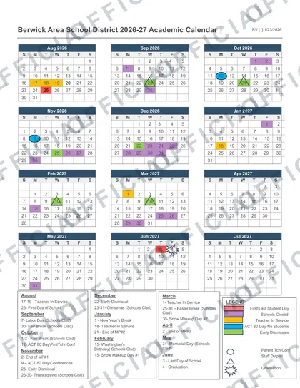 Berwick Area School District 2026-27 calendar