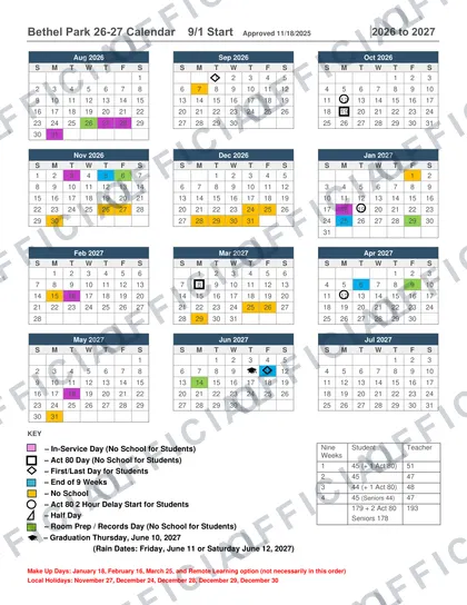 Bethel Park 2026-27 calendar