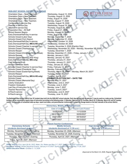 Bethlehem Area School District 2026-27 calendar