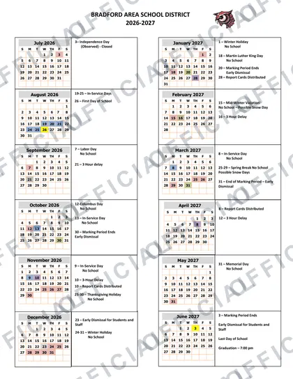 BRADFORD AREA SCHOOL DISTRICT 2026-27 calendar