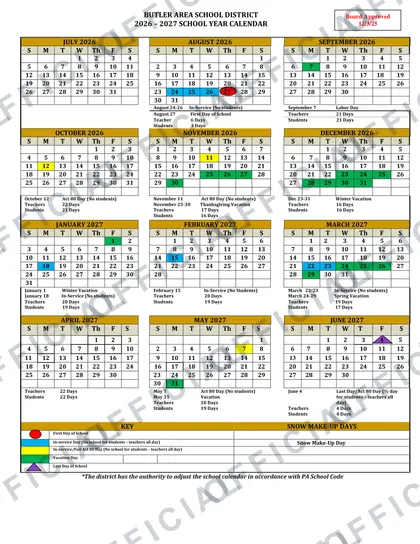 Butler Area School District 2026-27 calendar