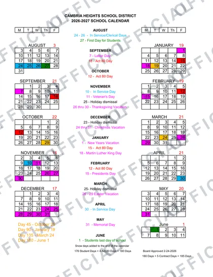 CAMBRIA HEIGHTS SCHOOL DISTRICT 2026-27 calendar