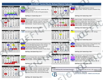 Central Bucks School District 2026-27 calendar