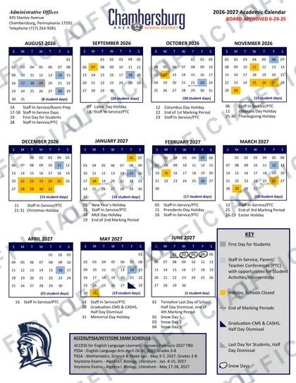 Chambersburg Area School District 2026-27 calendar