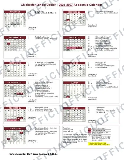 Chichester School District 2026-27 calendar