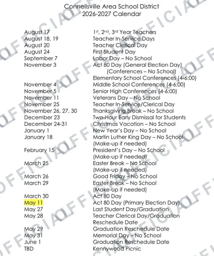Connellsville Area School District 2026-27 calendar