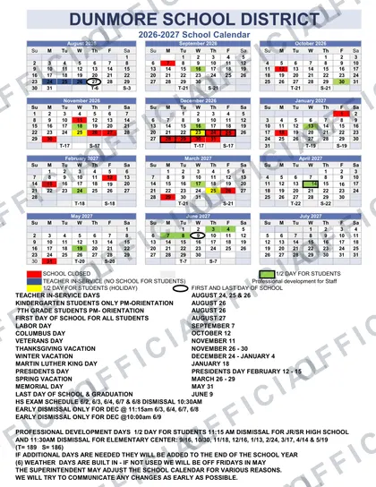 DUNMORE SCHOOL DISTRICT 2026-27 calendar