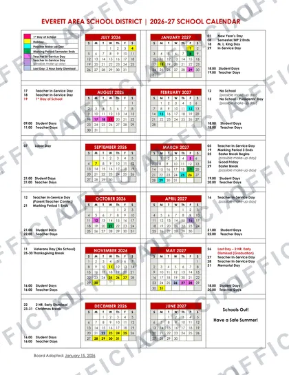 Everett Area School District 2026-27 calendar