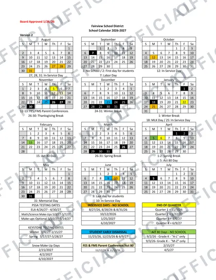 Fairview School District 2026-27 calendar