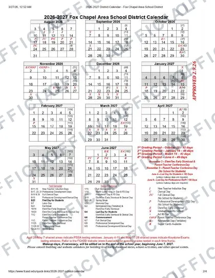 Fox Chapel Area School District 2026-27 calendar