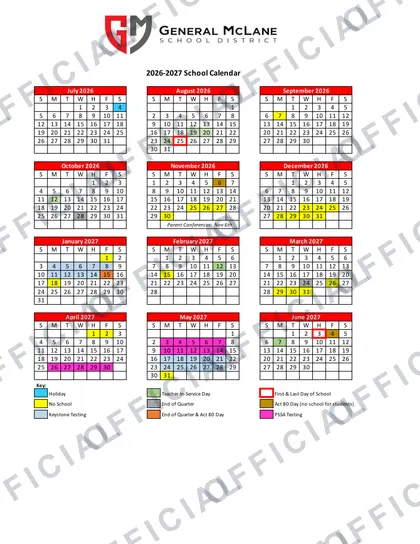 General McLane School District 2026-27 calendar