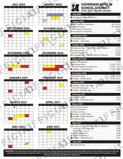 Governor Mifflin School 2026-27 calendar