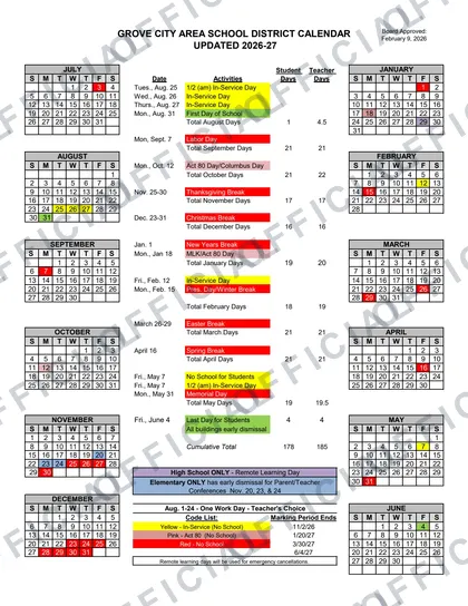 GROVE CITY AREA SCHOOL DISTRICT 2026-27 calendar