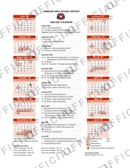 HAMBURG AREA SCHOOL DISTRICT 2026-27 calendar