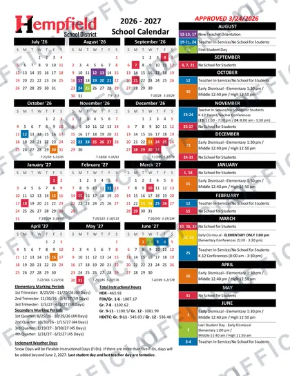 Hempfield School District 2026-27 calendar