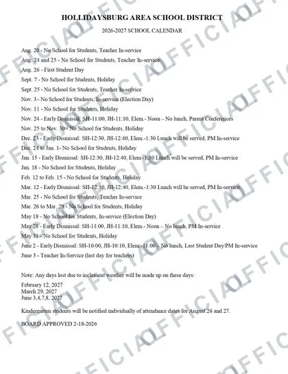 HOLLIDAYSBURG AREA SCHOOL DISTRICT 2026-27 calendar