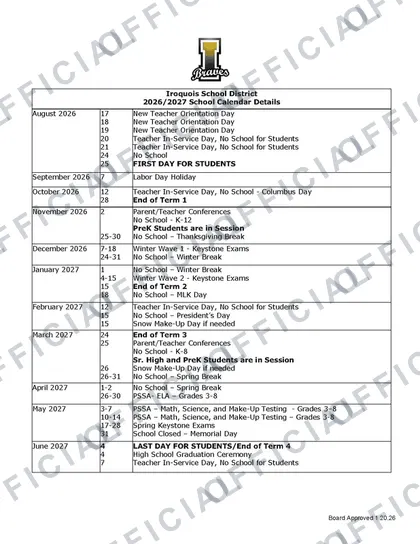 Iroquois School District 2026-27 calendar