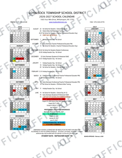 Loyalsock Township School District 2026-27 calendar