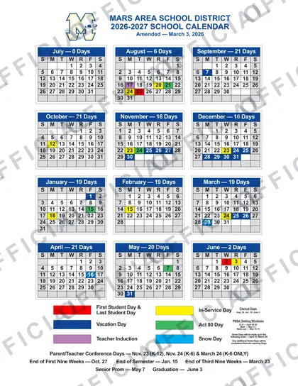 MARS AREA SCHOOL DISTRICT 2026-27 calendar