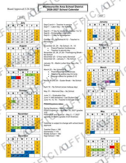 Montoursville Area School District 2026-27 calendar