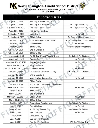 New Kensington-Arnold School District 2026-27 calendar
