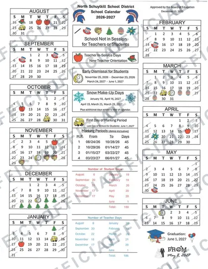 North Schuylkill School District 2026-27 calendar