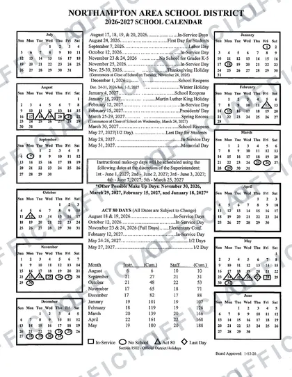 NORTHAMPTON AREA SCHOOL DISTRICT 2026-27 calendar